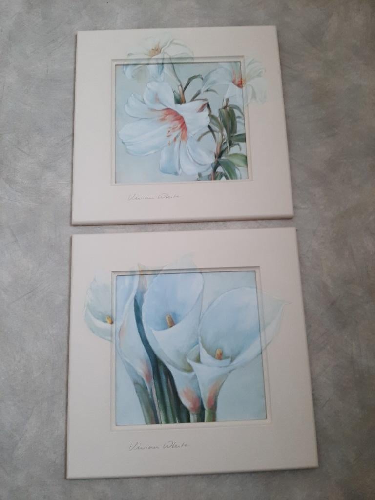 2 schilderijen met bloem gesigneerd V. White, mooi ensemble, Antiquités & Art, Art | Peinture | Classique, Enlèvement