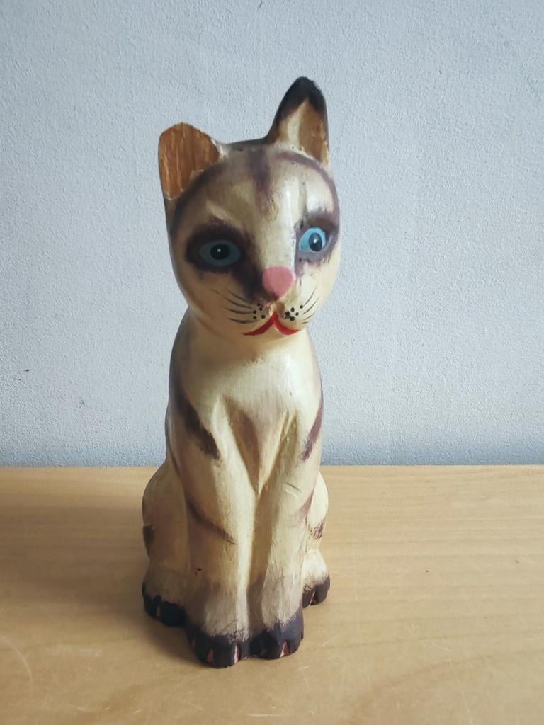 Statuette Chat en bois sculpté Style Siamois Vintage 15 cm, Enlèvement ou Envoi