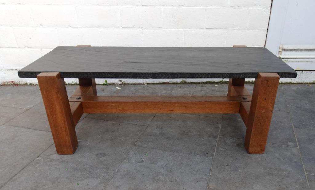 table de salon vintage shabby chic brutaliste en chêne ardoi, Antiquités & Art, Enlèvement