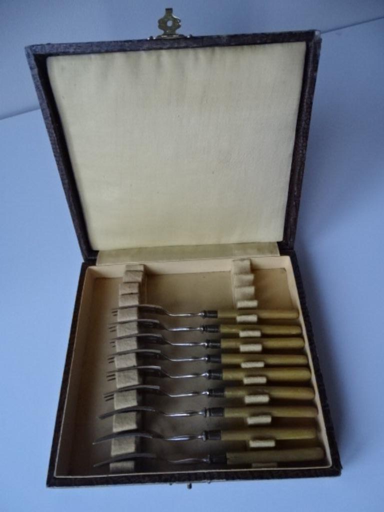 Koffer met 9 dessertvorken, handvat van hoorn?, Antiek en Kunst, Ophalen of Verzenden