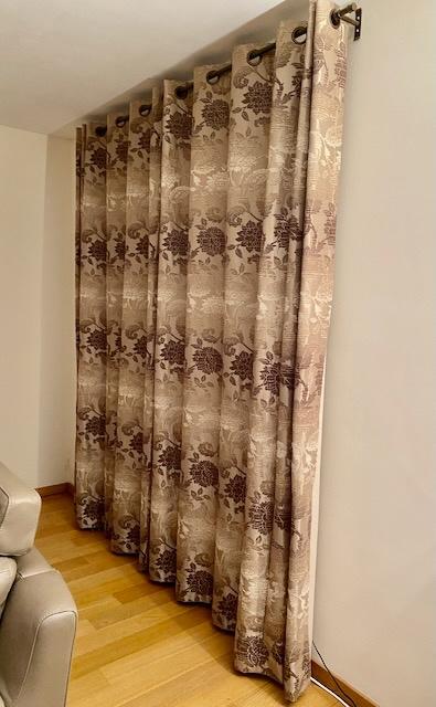 Tentures de qualité pour portes-fenêtres largeur totale 3m86, 200 cm ou plus, Enlèvement ou Envoi, Beige, Comme neuf