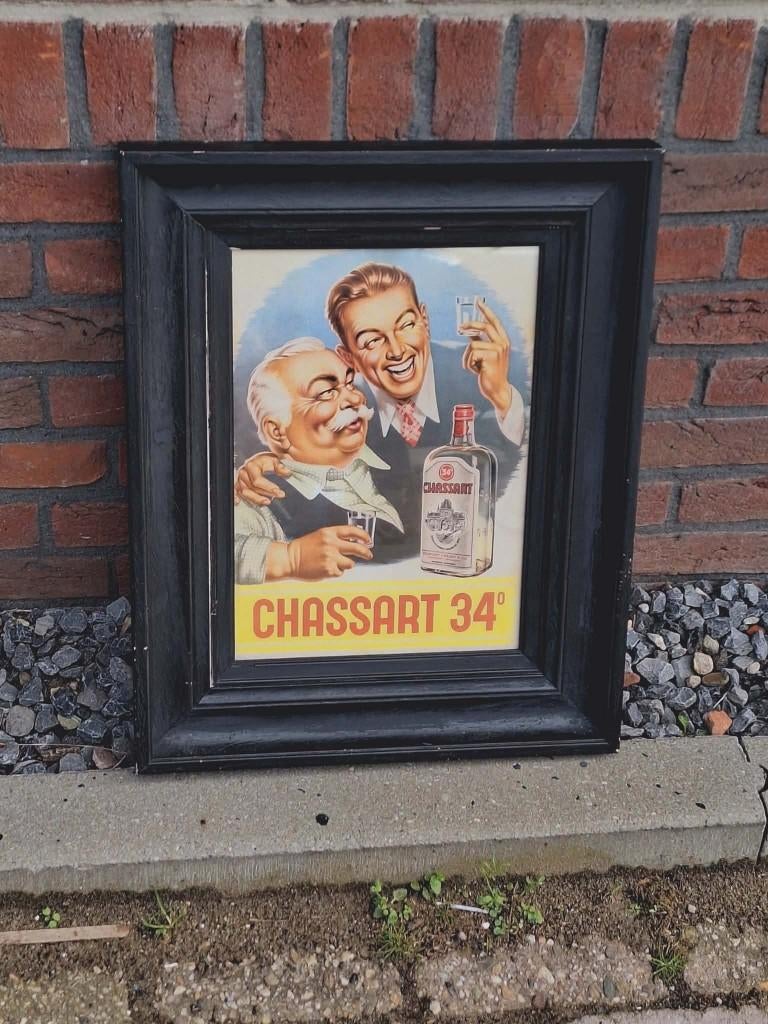 Oude Chassart reclame poster in lijst., Verzamelen, Ophalen, Gebruikt, Reclamebord
