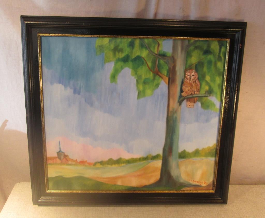 Mooi Geschilderd Werk 'Uil in de Boom' - F D Boom, Antiek en Kunst, Kunst | Schilderijen | Klassiek, Ophalen of Verzenden