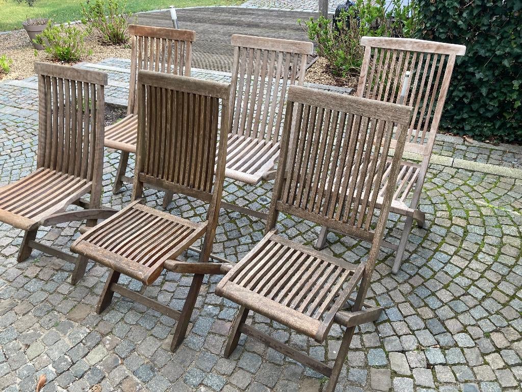 6 houten tuinstoelen, Ophalen, Gebruikt, Hout, Inklapbaar