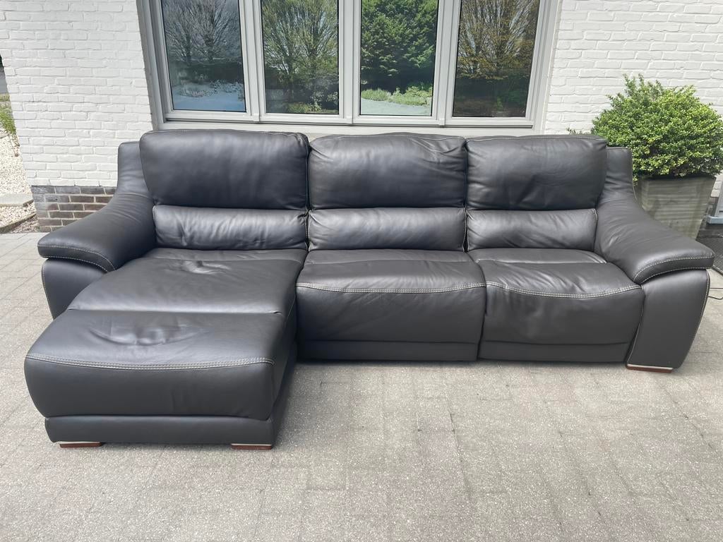 Zwarte/grijze lederen zetel met 2 relaxen (Franco Ferri), Maison & Meubles, Canapés | Salons, Trois personnes, Banc d'angle, Comme neuf