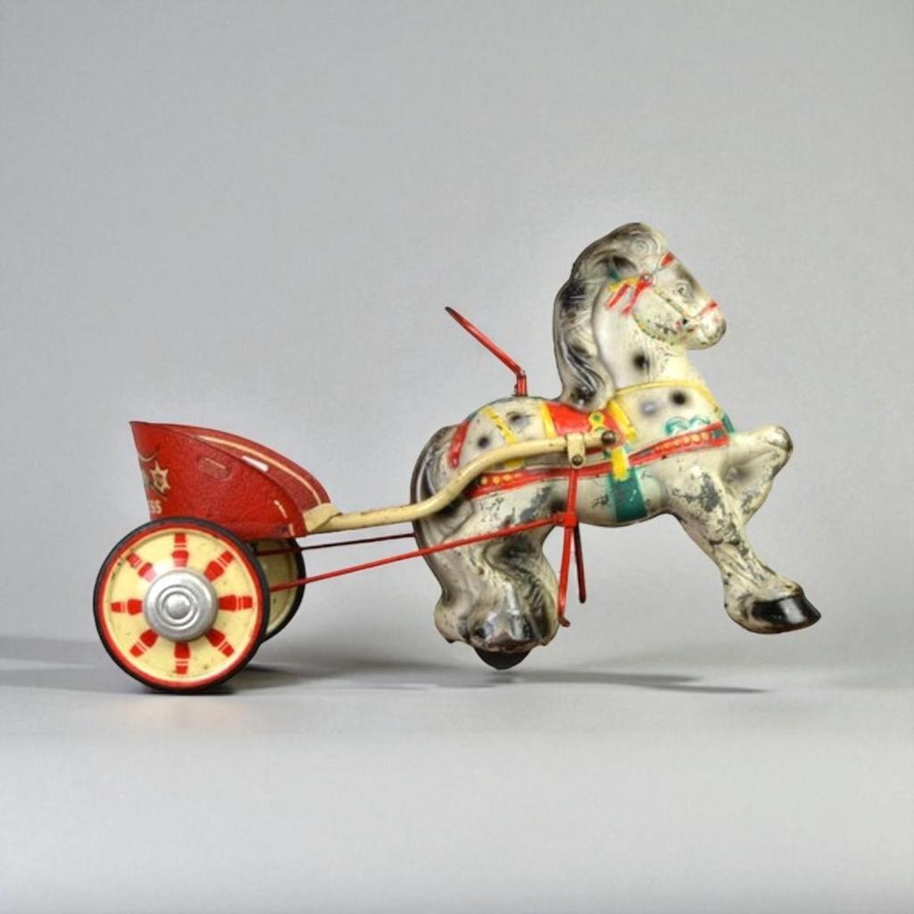 Metalen 1950s Sebel MOBO Toys Speelgoed Paardje + Kar, Ophalen