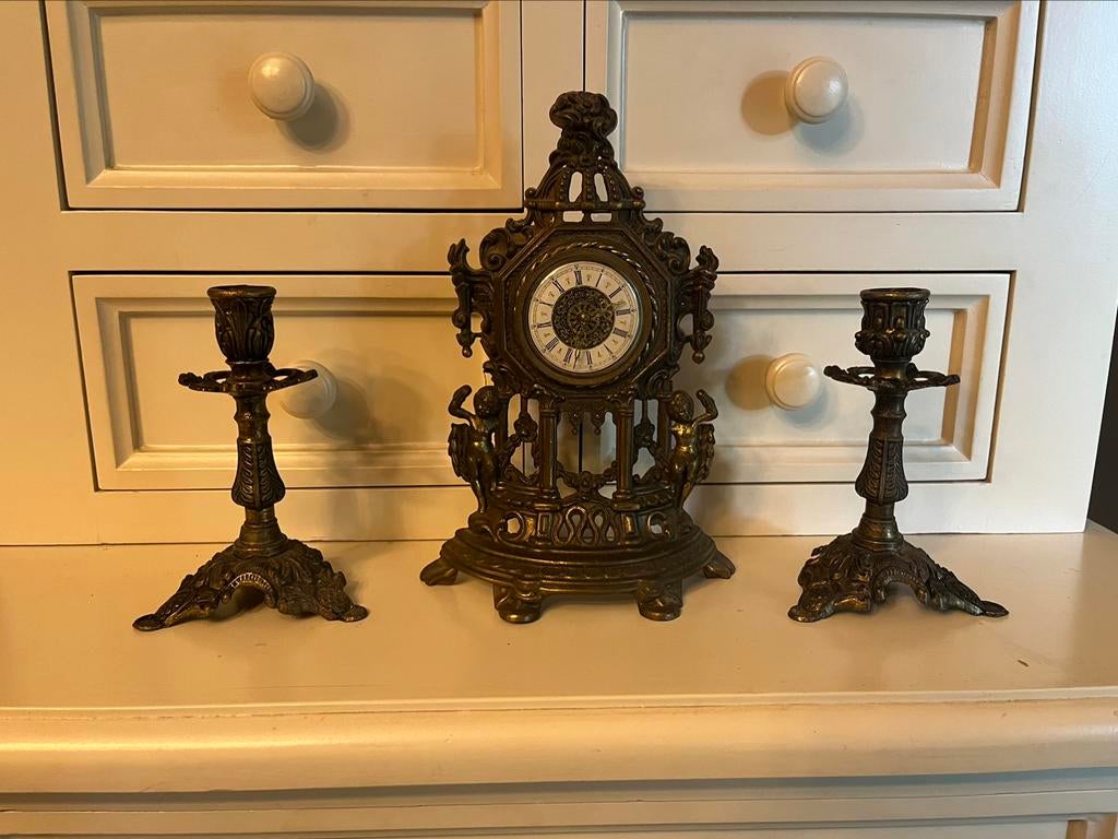HORLOGE CHEMINE + 2 BOUGEOIRS, Antiquités & Art, Enlèvement ou Envoi