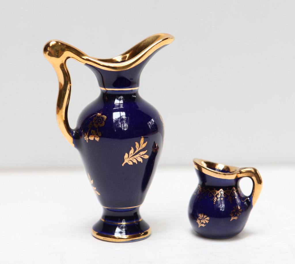 Miniatuur Limoges kruik + melkpotje, kobaltblauw, Ophalen of Verzenden