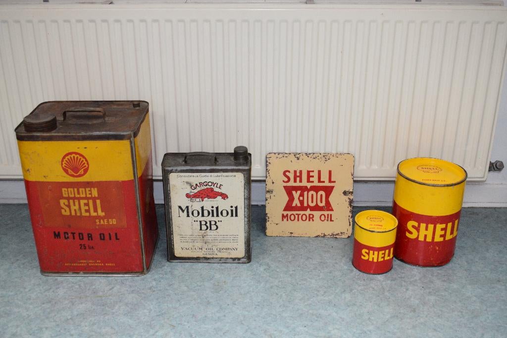 lot bidon huile plaque émaillée shell mobiloil, Collections, Enlèvement ou Envoi, Utilisé, Panneau publicitaire