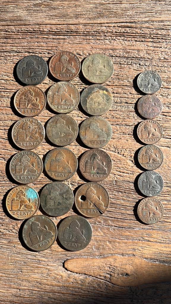 Lot Belgische centimes 1c & 2c (19e + begin 20e eeuw, 23 st), Ophalen of Verzenden, Munten