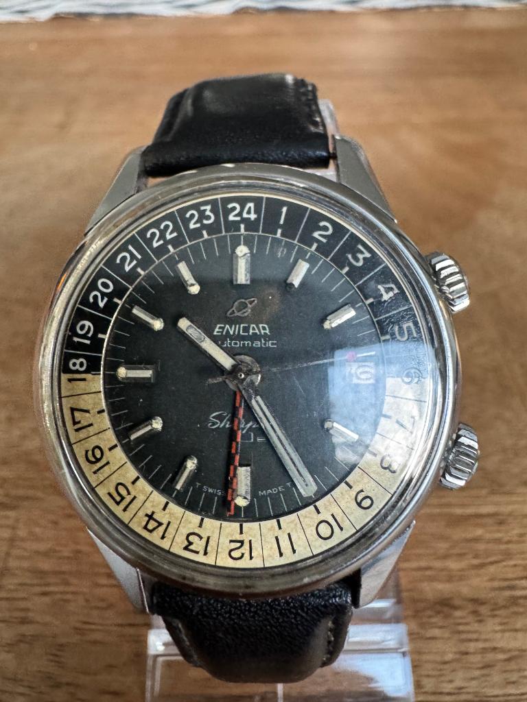 Enicar Sherpa Jet 100% Serviced, Handtassen en Accessoires, Horloges | Heren, Overige merken, Leer, Staal, Polshorloge