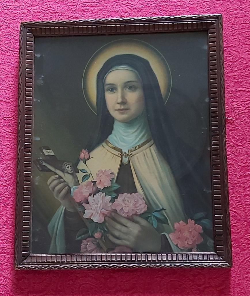 Maria plaat in houten lijst met glas uit oud klooster Luik., Ophalen of Verzenden