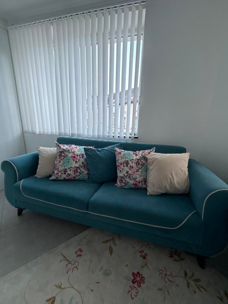 Mooie salonzetels blauw/groen + kussens, Antiek en Kunst, Ophalen