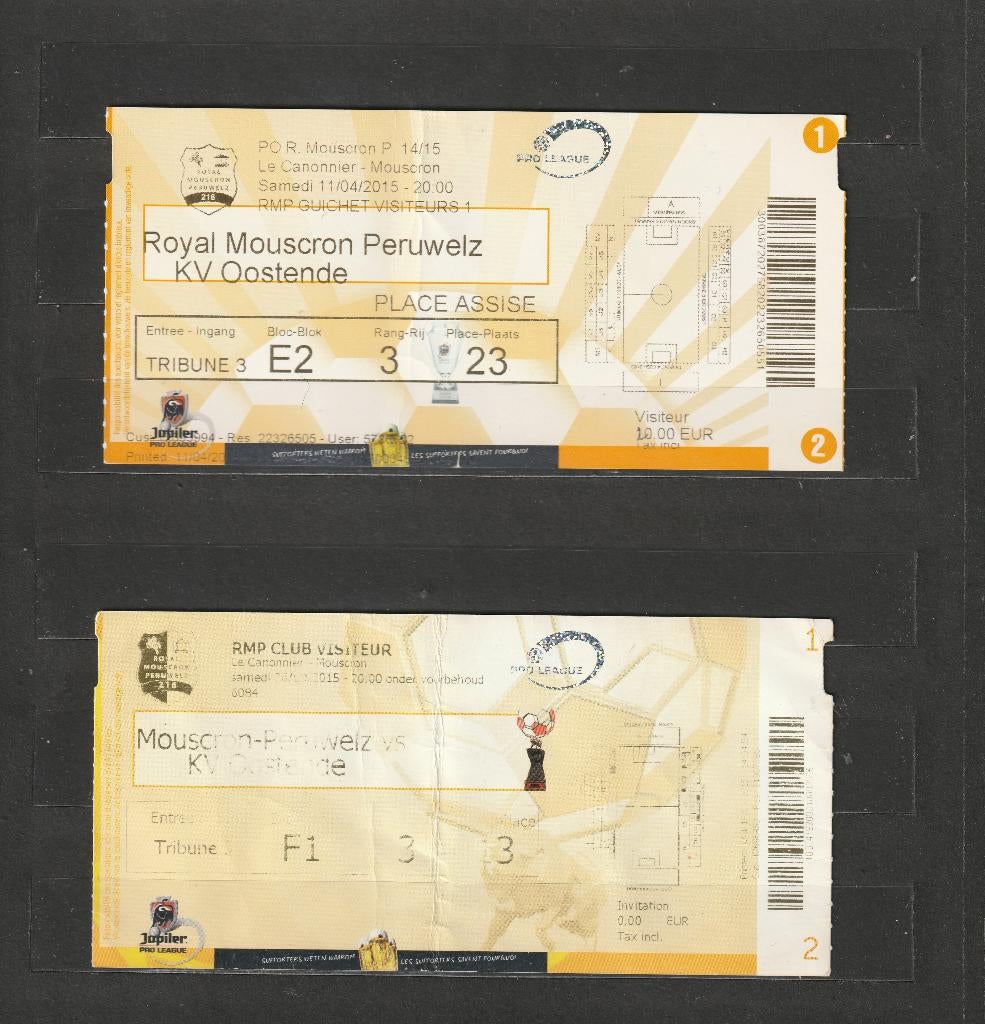 2 verschill. (gebruikte) tickets Mouscron - Oostende (2015), Verzamelen, Sportartikelen en Voetbal, Ophalen of Verzenden, Gebruikt