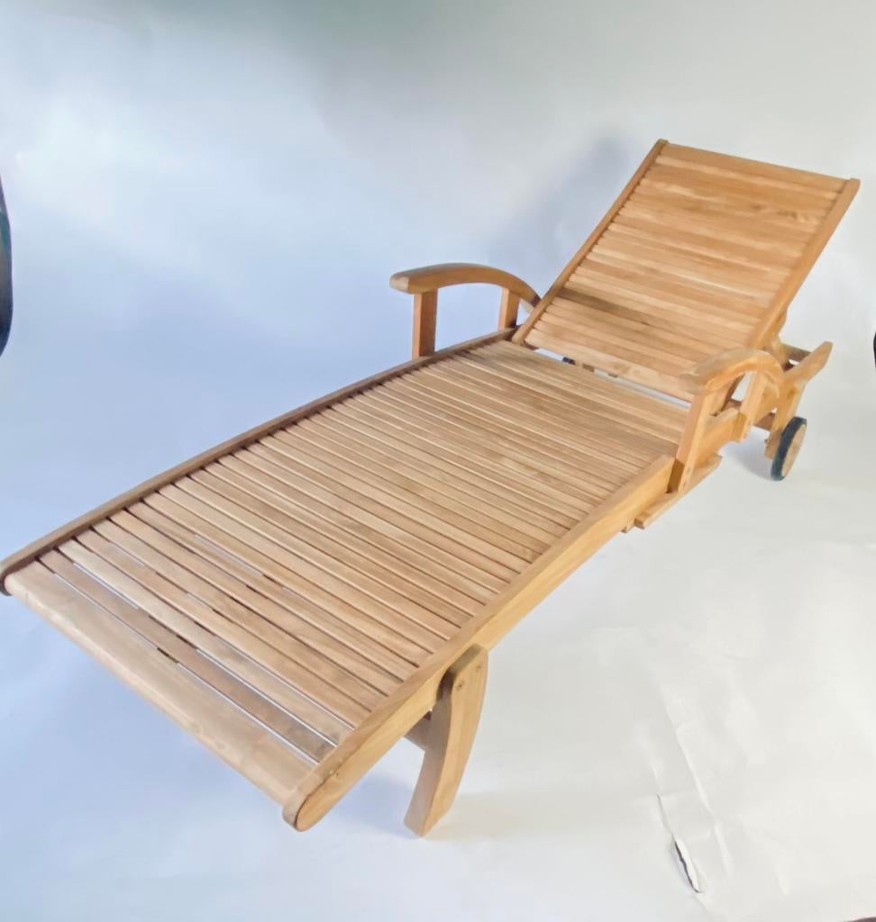 Teak ligbed met wielen uitschuif tafel, Tuin en Terras, Ophalen, Nieuw, Teakhout, Verstelbaar