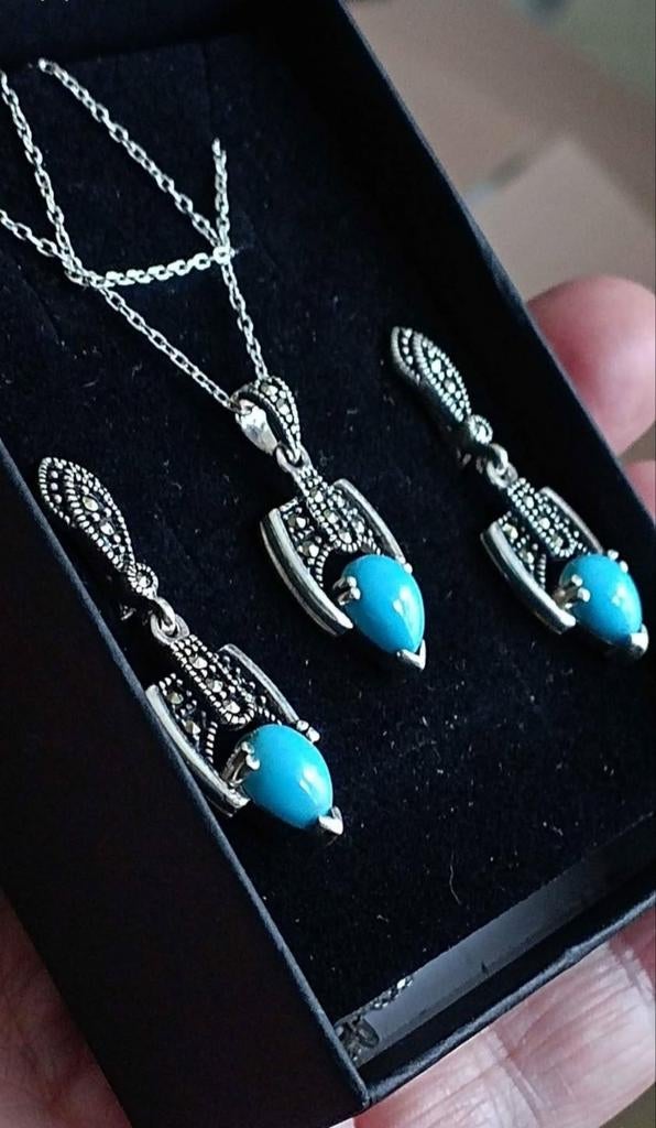 Ensemble en argent massif 925 avec turquoise naturelle, Bijoux, Sacs & Beauté, Neuf, Enlèvement, Avec pierre précieuse, Argent