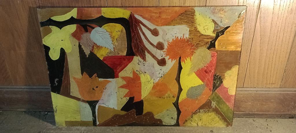 Peinture abstraite sur verre églomisé, 60x40, n511, Antiquités & Art, Enlèvement ou Envoi