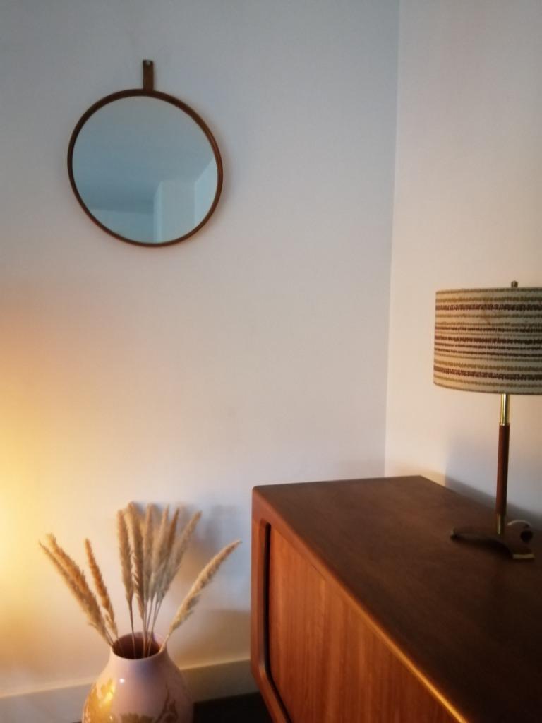 Zweedse teak Luxus design spiegel met zadelleren koord retro, Ophalen