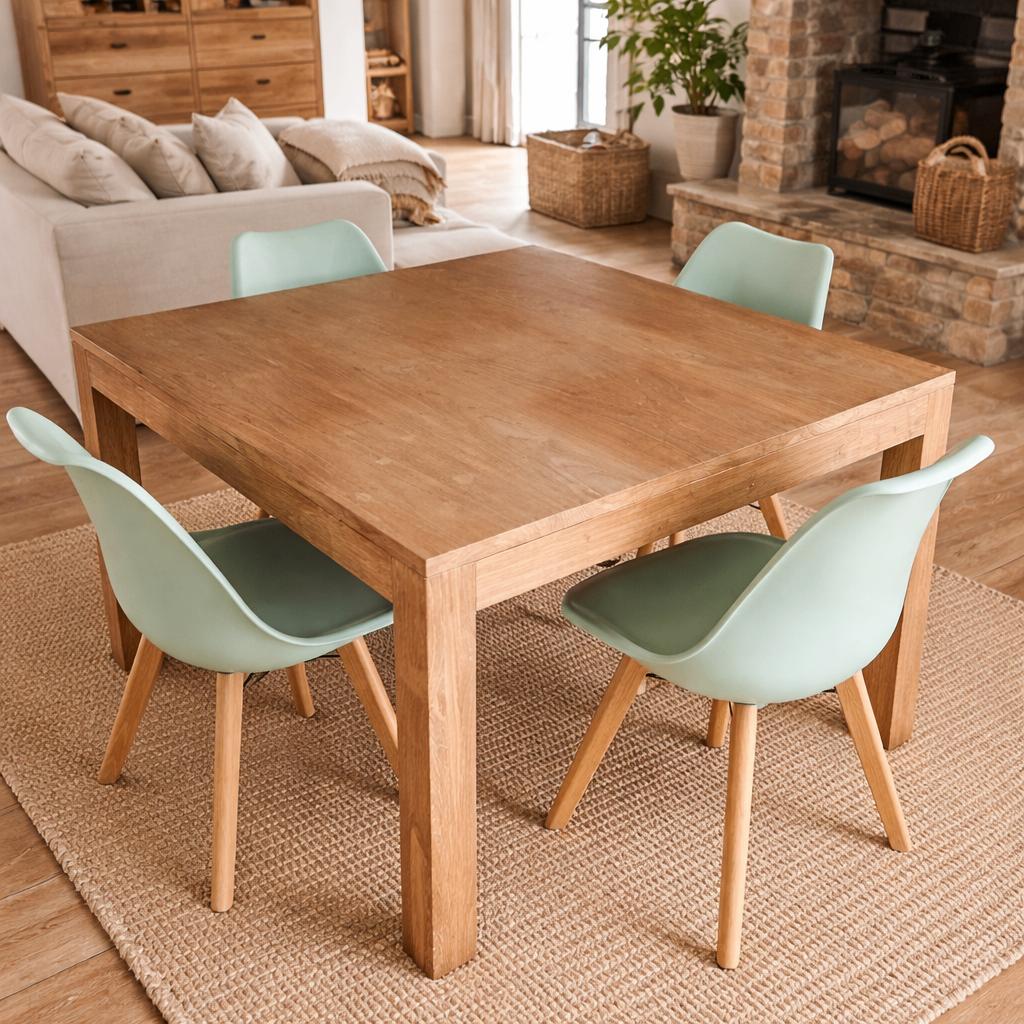 Houten eettafel met 4 moderne stoelen, Huis en Inrichting, Tafels | Eettafels, Ophalen, Gebruikt, Vierkant, Landelijk