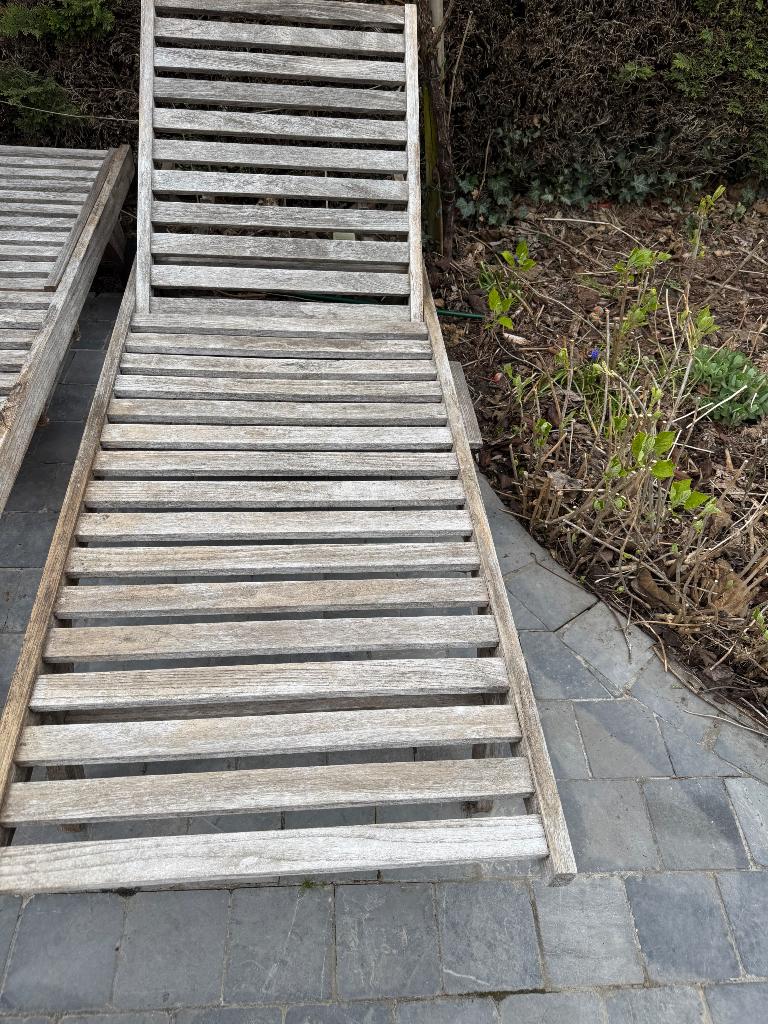 4 ligbedden teak, Tuin en Terras, Ophalen, Gebruikt, Hout, Verstelbaar