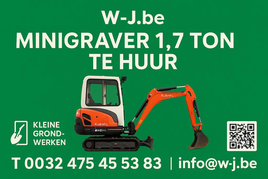Te huur/huren mini graafmachine 1.7 ton met of zonder chauf, Ophalen