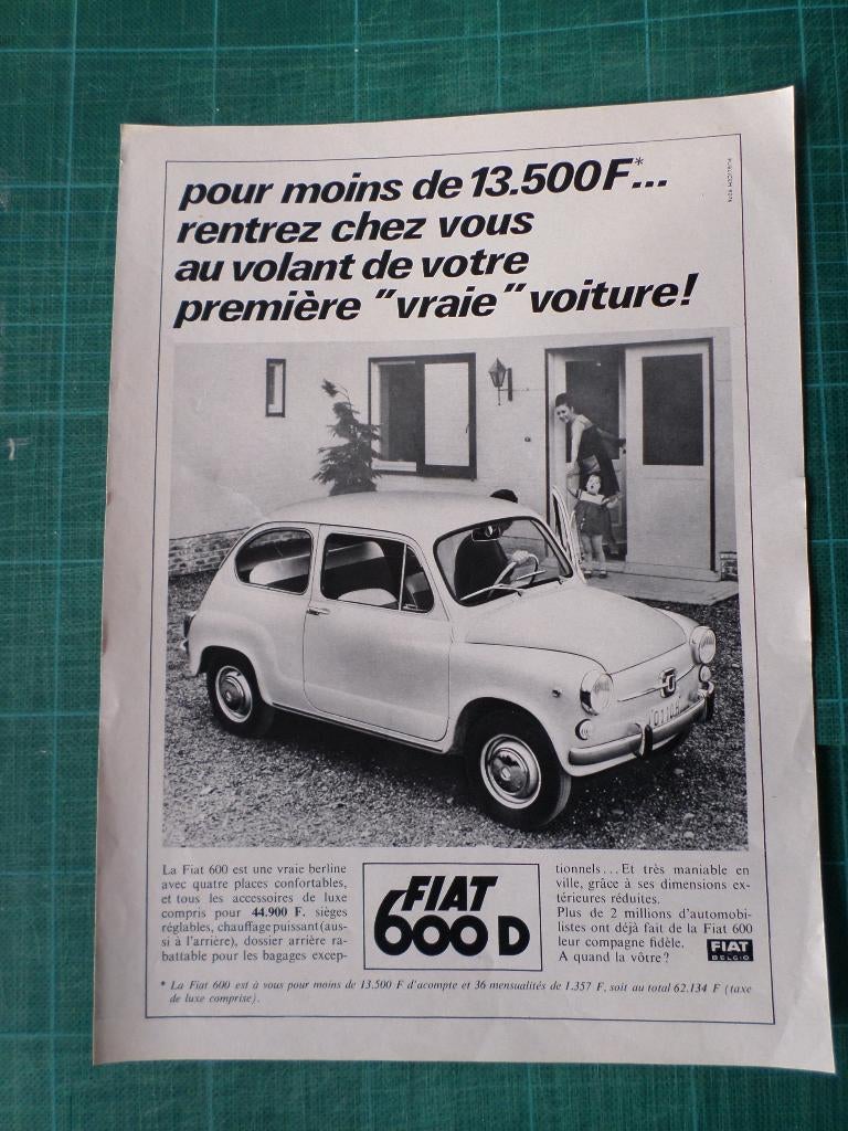 Fiat 600 D - publicité papier - 1967, Verzamelen, Merken en Reclamevoorwerpen, Ophalen of Verzenden, Gebruikt, Overige typen
