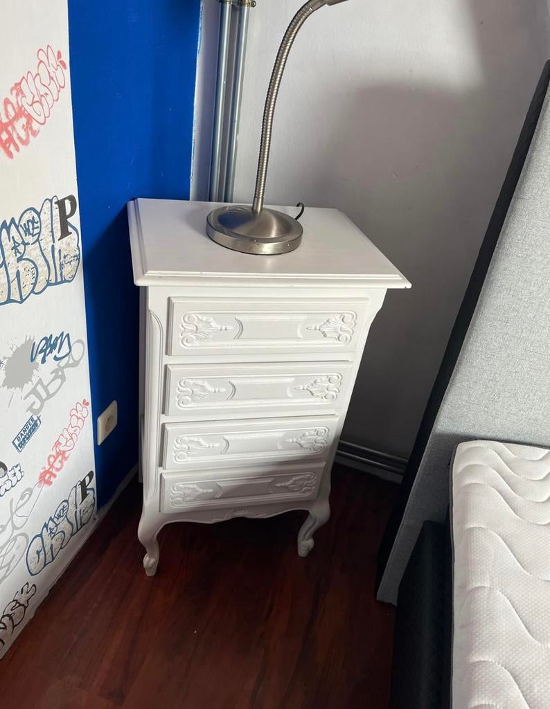 Ensemble table d’appoint lit deco blanc vintage bois meuble, Maison & Meubles, Enlèvement, Utilisé, Bois