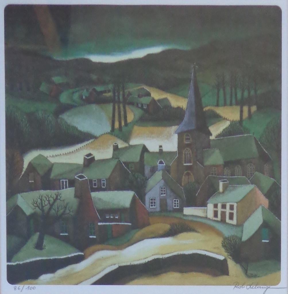 ROB DELANGE / SNEEUW CONTRASTEN / KLEURLITHO 69x56cm KADER, Ophalen of Verzenden