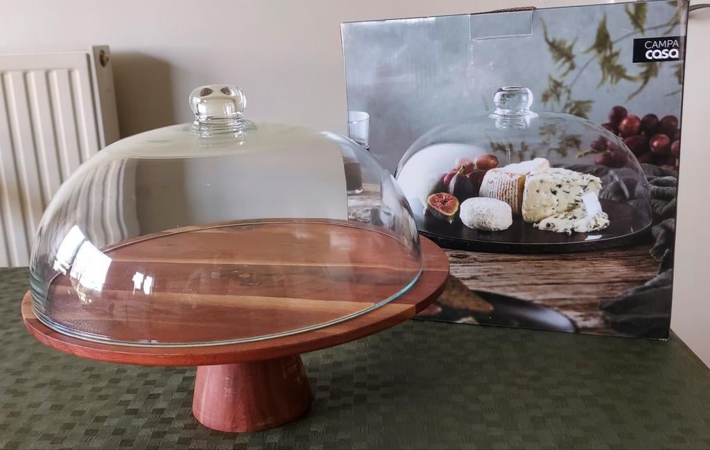 Glazen stolp op houten  schotel met voet, Enlèvement ou Envoi