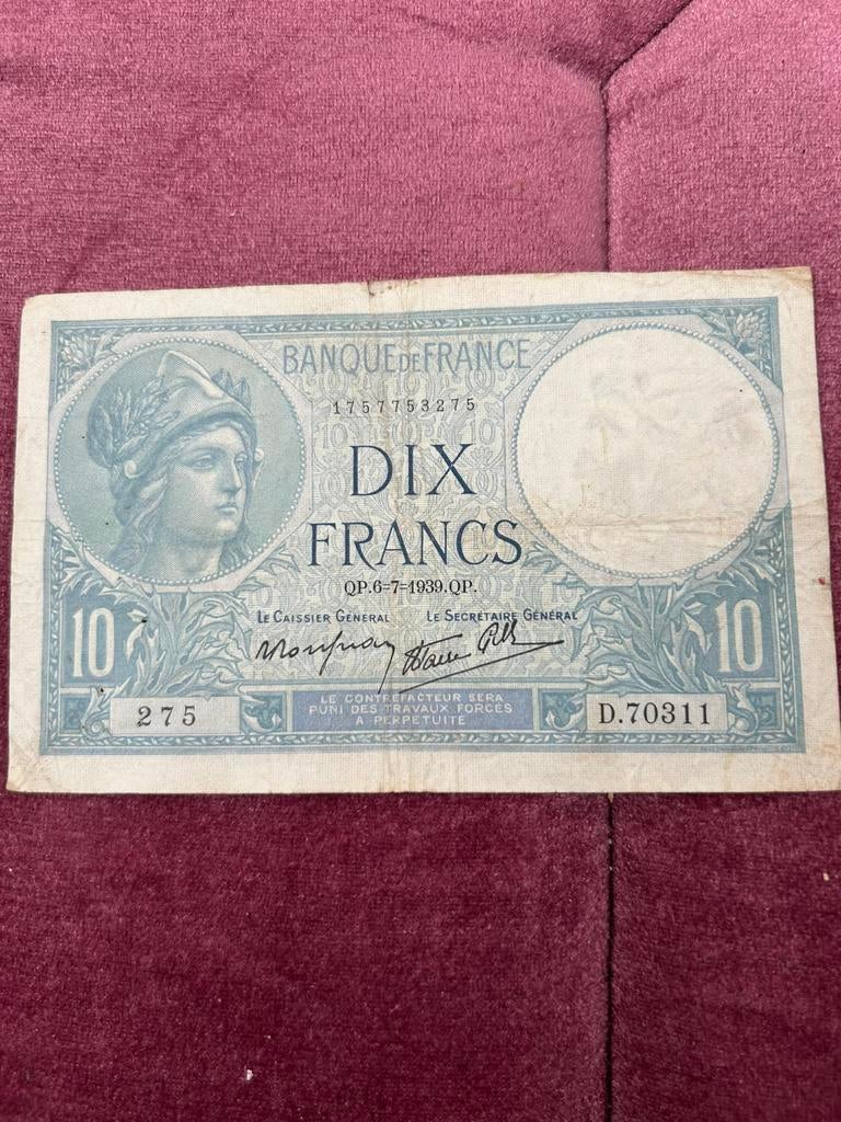 10 frank frankrijk 1939, Timbres & Monnaies, Billets de banque | Pays-Bas, Enlèvement