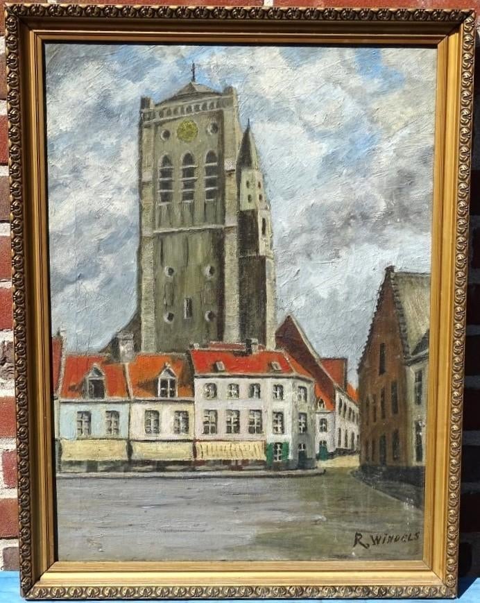 Peinture ancienne de paysage urbain de Furnes 1914 R Windels, Antiquités & Art, Art | Peinture | Classique, Enlèvement