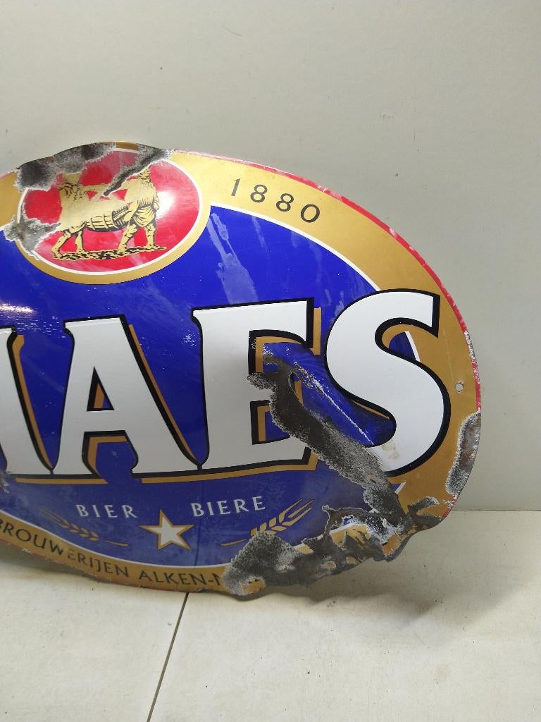 Plaque émaillée Maes pils pliée, Collections, Marques & Objets publicitaires, Enlèvement ou Envoi, Utilisé, Panneau publicitaire