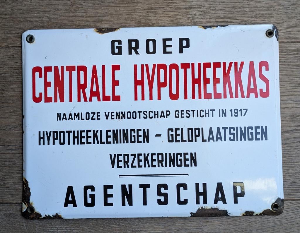 Emaille bord centrale hypotheekkas, Antiek en Kunst, Antiek | Email, Ophalen of Verzenden