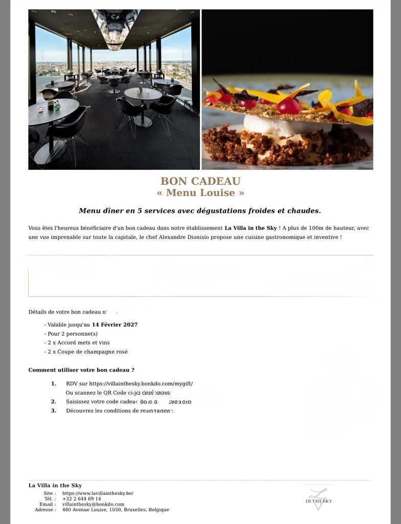 VILLA IN THE SKY - menu 2 personnes + champagne, Bon cadeau