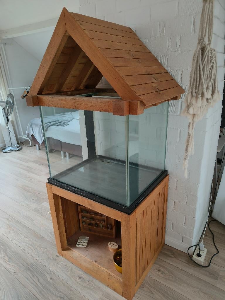 Aquarium met eiken dak en onderstel, Animaux & Accessoires, Poissons | Aquariums & Accessoires, Utilisé, Aquarium vide, Enlèvement