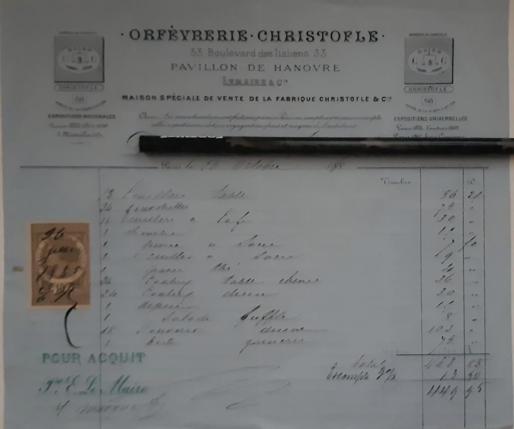 1885+Argenterie+Christofle+CHRISTOFLE+Facture, Antiquités & Art, Enlèvement ou Envoi