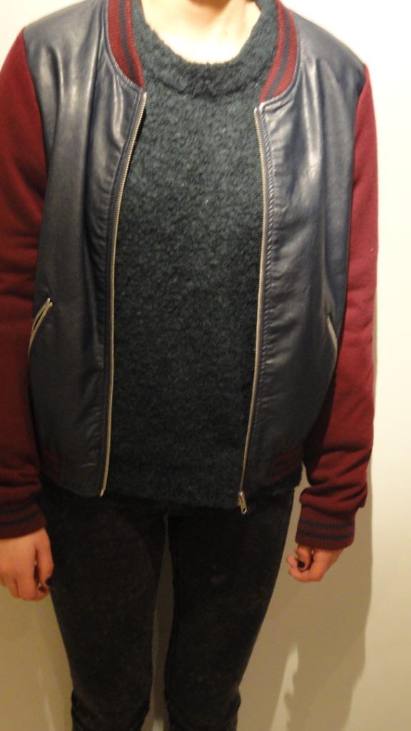 Nep leren vest met bordeaux mouwen in stof, maat 38, Maat 38/40 (M), Atmosphere, Blauw, Ophalen of Verzenden