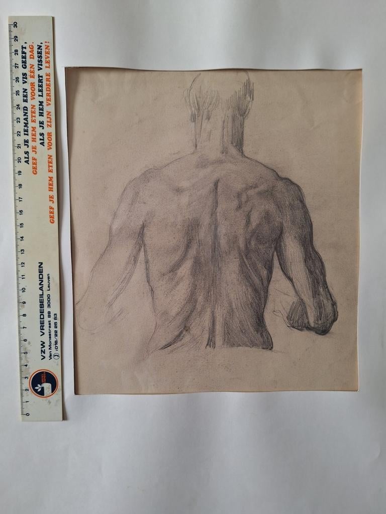 Dessin au crayon d'un homme âgé à moitié nu avec le dos, G., Enlèvement ou Envoi