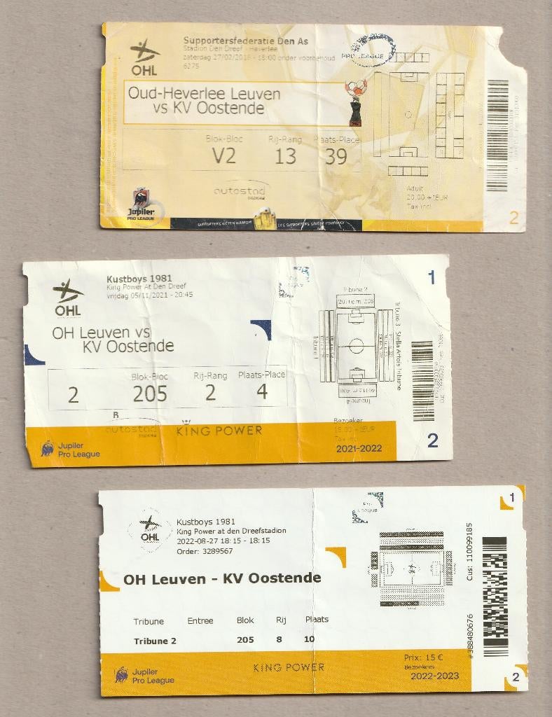 3 versch. (gebruikte) tickets Leuven - Oostende (2016-2022), Ophalen of Verzenden, Gebruikt, Overige typen