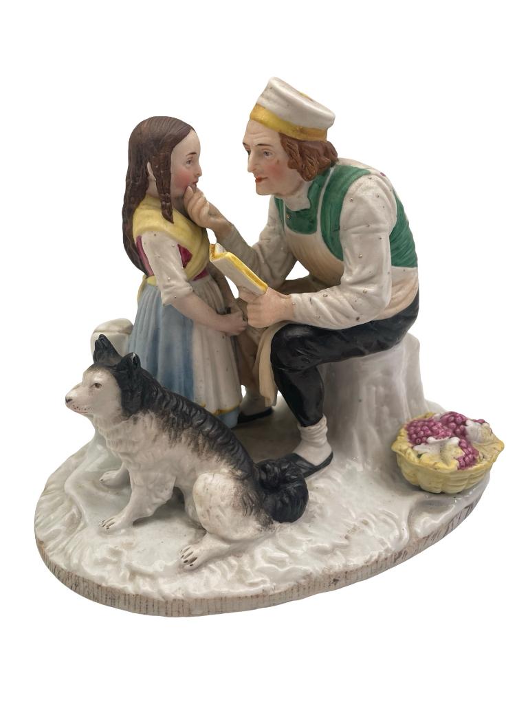 Groupe en biscuit Vieil Andenne scène de lecture XIXᵉ