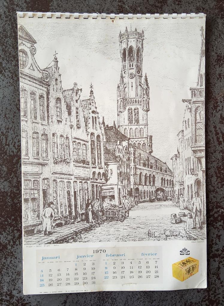 Kalender 1970 Brugge door Albert Goethals, 1950 - 1999, Overige technieken, Architectuur, Ophalen of Verzenden