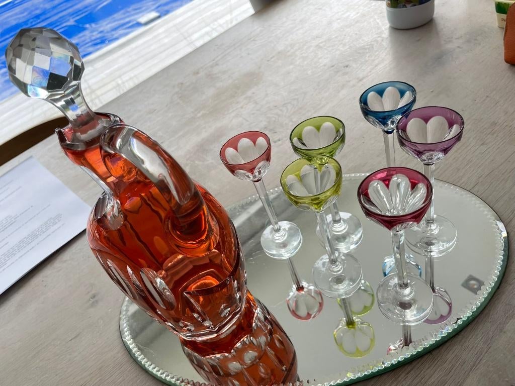 Carafe Aiguière en cristal taillé & 6 verres, Antiquités & Art, Enlèvement
