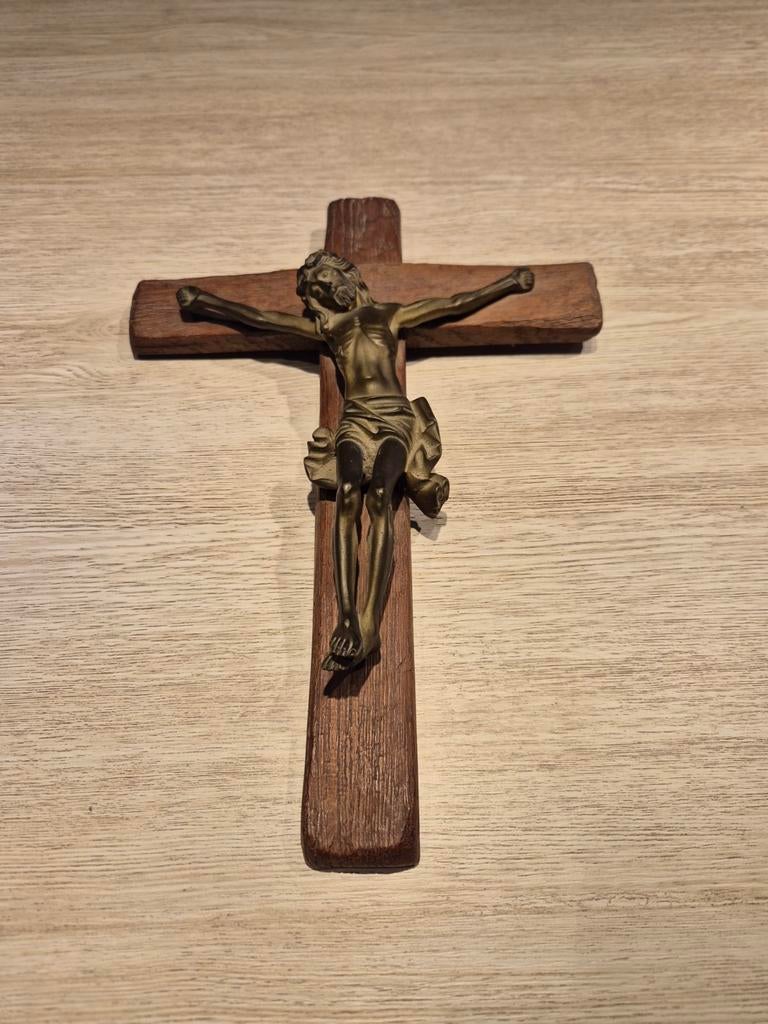 Bronze christ sur croix en bois vintage Années 50/60, Enlèvement ou Envoi