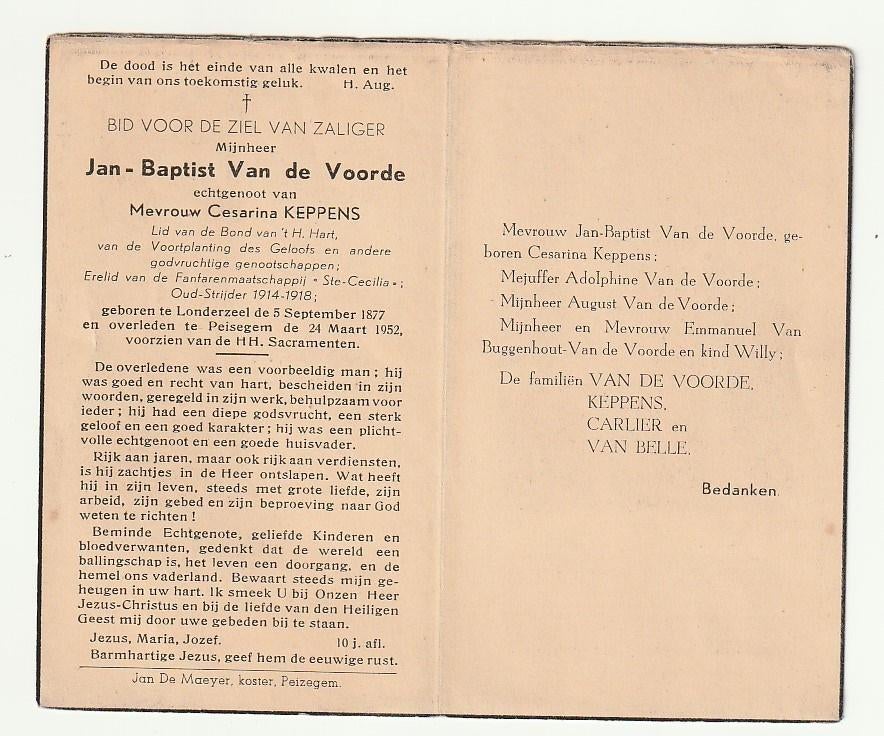 VAN DE VOORDE Oud-Strijder 14-18 Londerzeel Peissegem 1952, Verzenden, Bidprentje