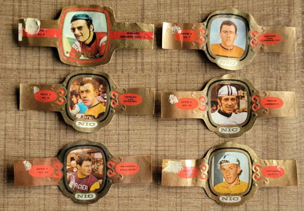 6 kleine, oude prentjes: Belgische wielrenners, Collections, Enlèvement ou Envoi, Utilisé, Affiche, Image ou Autocollant