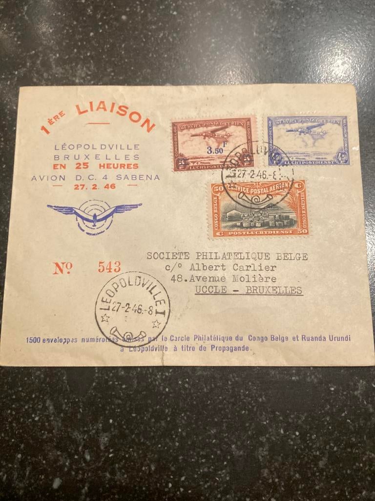 Sabena DC 4 Léopoldville BXL 1946 enveloppe numérotée, Enlèvement ou Envoi