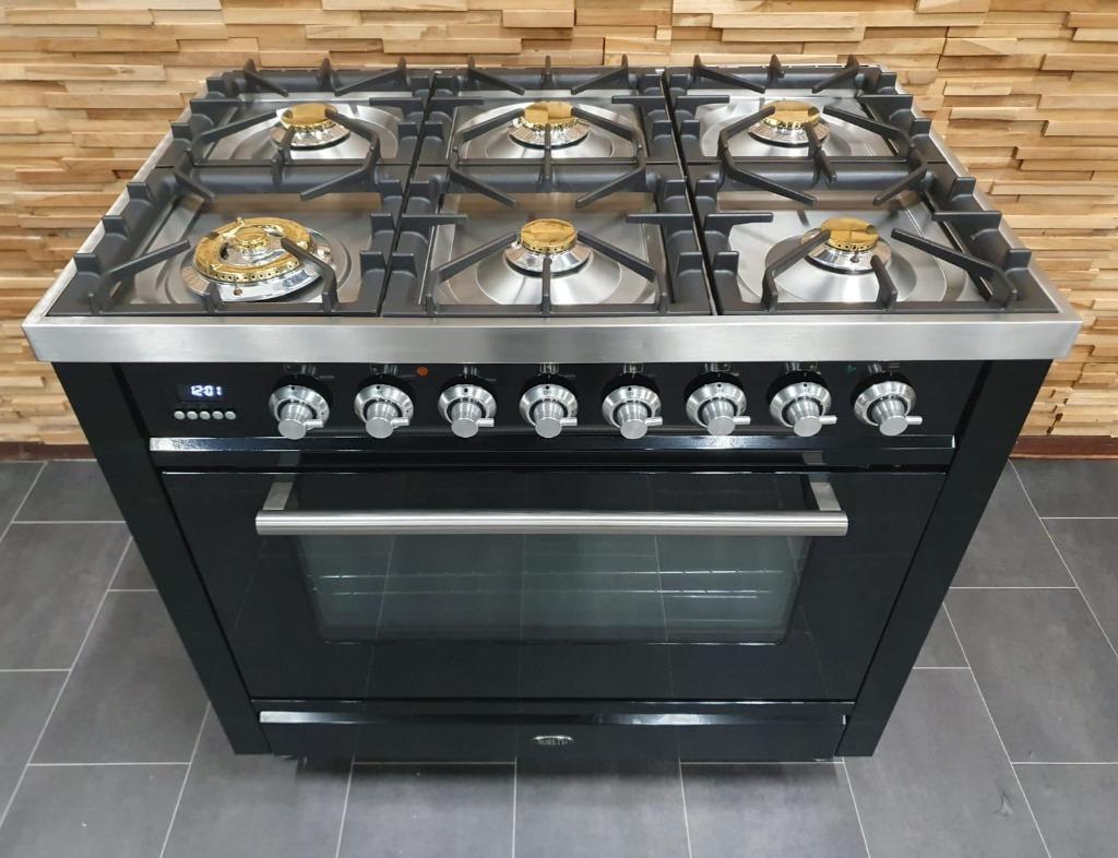 🔥Luxe Boretti Fornuis 90cm hoogglans zwart 300° oven 6 pits, Elektronische apparatuur, Fornuizen, 60 cm of meer, Ophalen of Verzenden