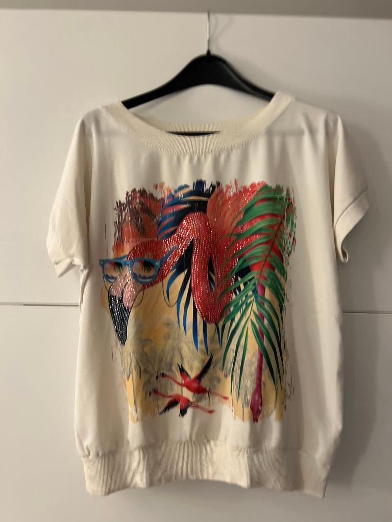 Julie Mode witte T-shirt met flamingo, Vêtements | Femmes, Manches courtes, Enlèvement ou Envoi, Comme neuf, Blanc
