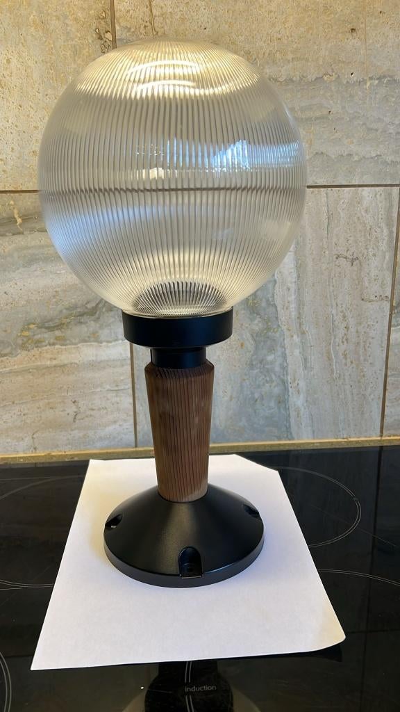 Massive Art Lamp - houten voet - glazen bol - IP23, Huis en Inrichting, Lampen | Tafellampen, Zo goed als nieuw, Minder dan 50 cm