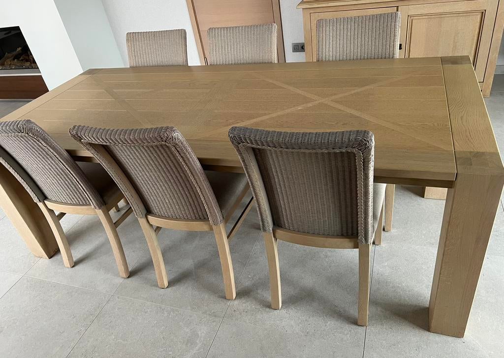 Eiken tafel + 6 stoelen, Ophalen, Eikenhout, 200 cm of meer, 50 tot 100 cm